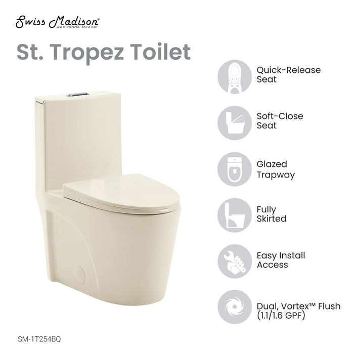 Swiss Madison St. Tropez One Piece Elongated Toilet Dual Vortex Flush 1.1/1.6 gpf in Bisque - SM-1T254BQ