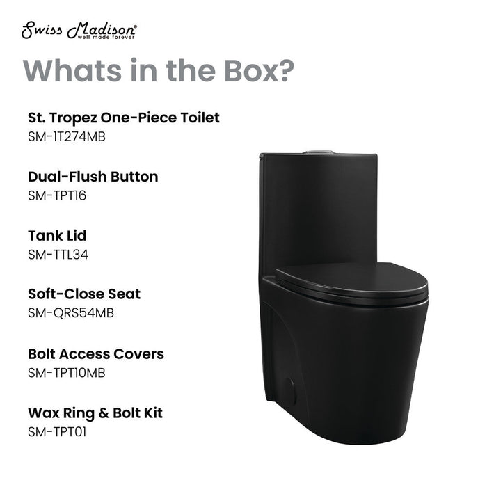 Swiss Madison St. Tropez One Piece Elongated Toilet Dual Vortex Flush 1.1/1.6 gpf with 10" Rough-In, Matte Black - SM-1T274MB