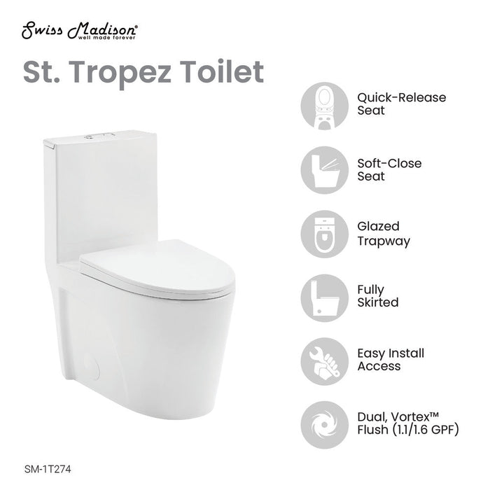 Swiss Madison St. Tropez One Piece Elongated Toilet Dual Vortex Flush 1.1/1.6 gpf with 10" Rough In - SM-1T274