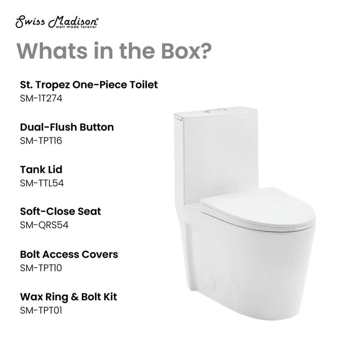 Swiss Madison St. Tropez One Piece Elongated Toilet Dual Vortex Flush 1.1/1.6 gpf with 10" Rough In - SM-1T274