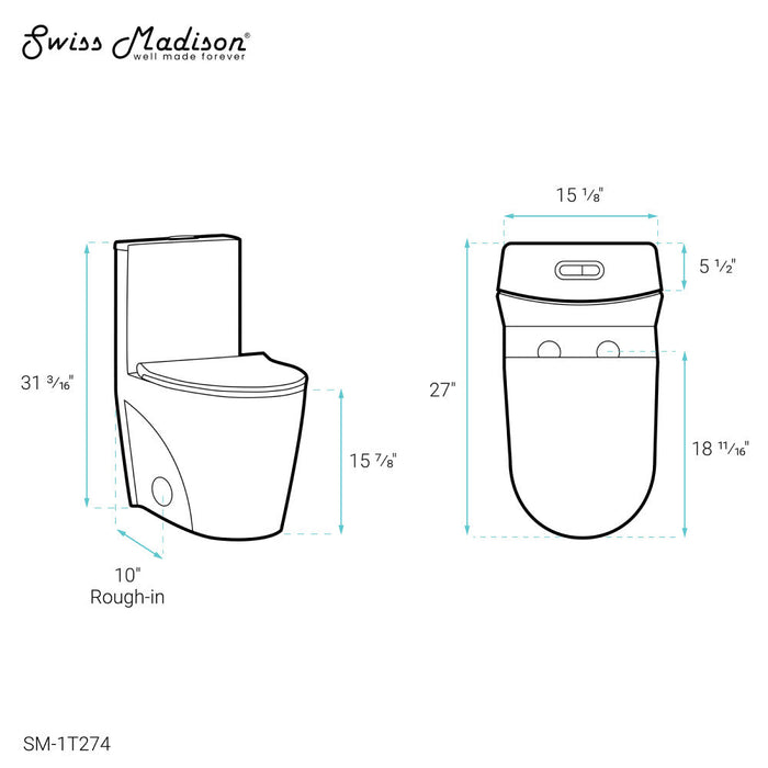 Swiss Madison St. Tropez One Piece Elongated Toilet Dual Vortex Flush 1.1/1.6 gpf with 10" Rough In - SM-1T274