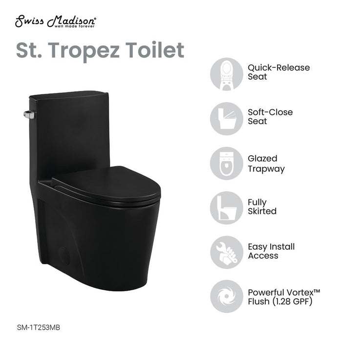 Swiss Madison St. Tropez One-Piece Elongated Toilet Left Side Vortex Flush Handle in Matte Black 1.28 gpf - SM-1T253MB