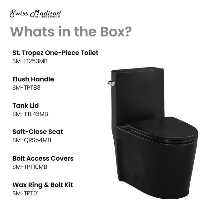 Swiss Madison St. Tropez One-Piece Elongated Toilet Left Side Vortex Flush Handle in Matte Black 1.28 gpf - SM-1T253MB