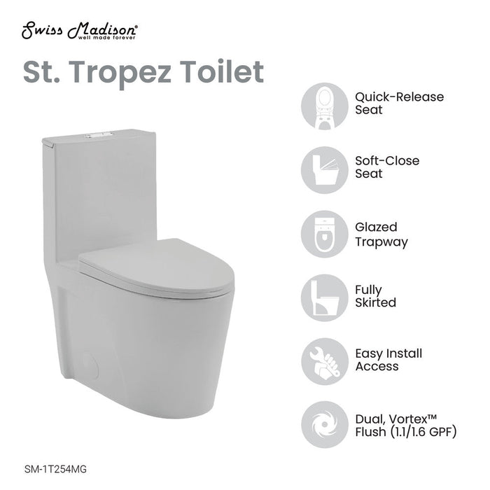 Swiss Madison St. Tropez One-Piece Elongated Toilet Vortex™ Dual-Flush 1.1/1.6 gpf in Matte Grey - SM-1T254MG