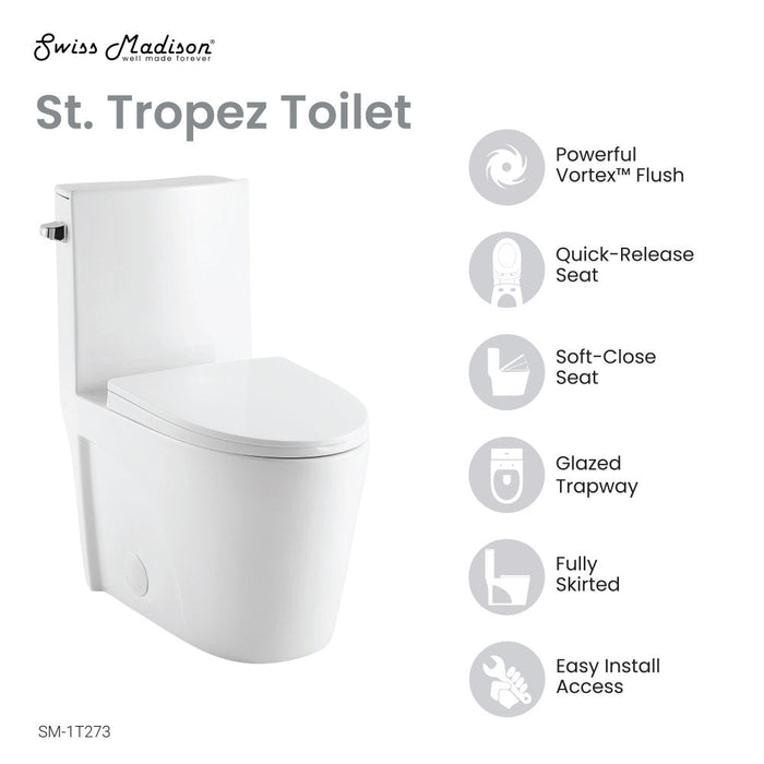 Swiss Madison St. Tropez One-Piece Elongated Toilet Left Side Flush, 10" Rough-In 1.28 gpf - SM-1T273