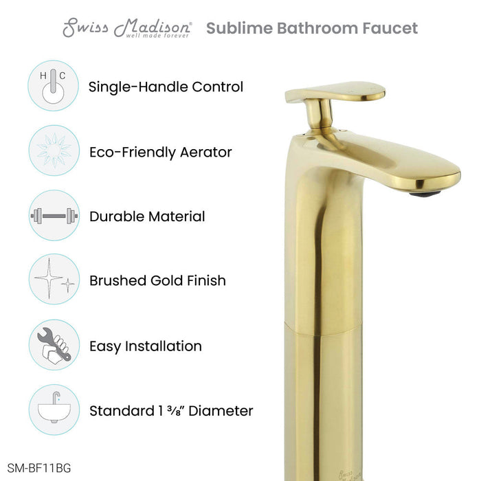 Swiss Madison Sublime Single Hole, Single-Handle, High Arc Bathroom Faucet in Brushed Gold - SM-BF11BG