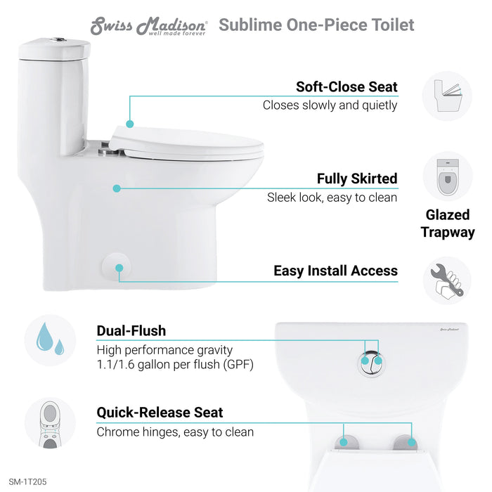 Swiss Madison Sublime One Piece Elongated Toilet Dual Flush, Rose Gold Hardware 1.1/1.6 gpf - SM-1T205HBG