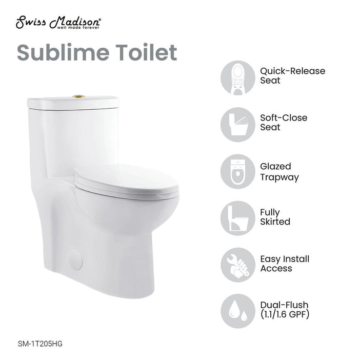 Swiss Madison Sublime One Piece Elongated Toilet Dual Flush, Brushed Gold Hardware 1.1/1.6 gpf - SM-1T205HG