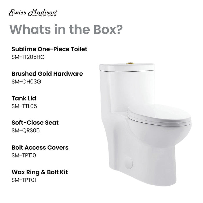 Swiss Madison Sublime One Piece Elongated Toilet Dual Flush, Brushed Gold Hardware 1.1/1.6 gpf - SM-1T205HG