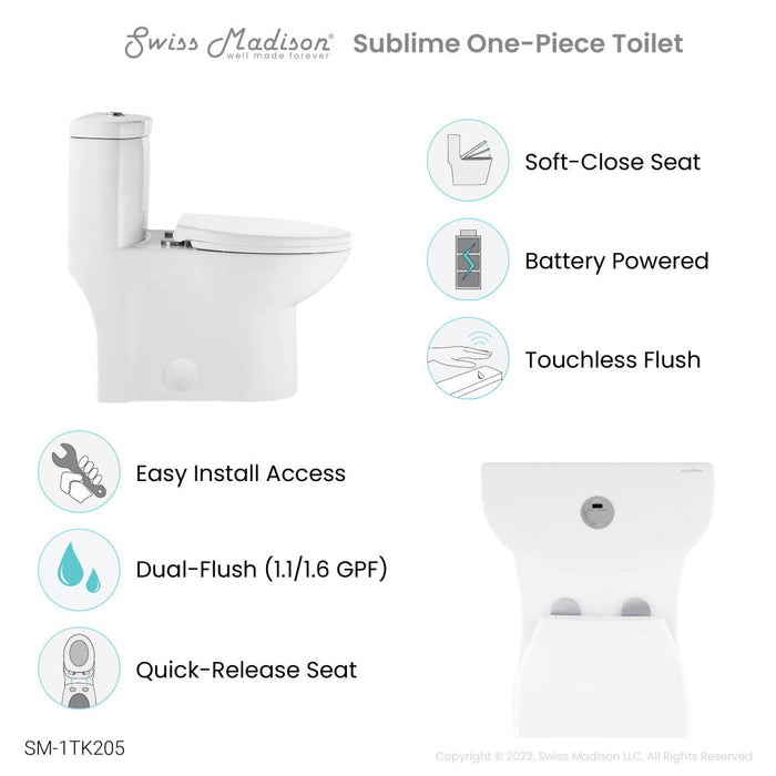 Swiss Madison Sublime One Piece Elongated Toilet with Touchless Retrofit Dual Flush 1.1/1.6 gpf - SM-1TK205