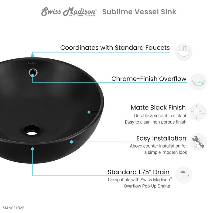 Swiss Madison Sublime 17” Round Vessel Sink in Matte Black - SM-VS212MB