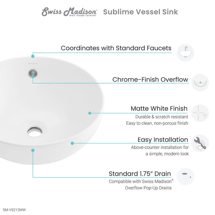 Swiss Madison Sublime 17” Round Vessel Sink in Matte White - SM-VS212MW