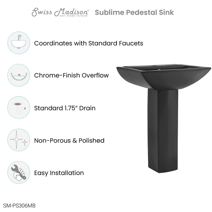 Swiss Madison Sublime Square Two-Piece Pedestal Sink in Matte Black - SM-PS306MB