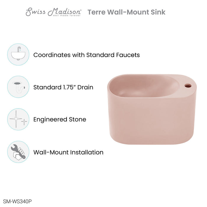 Swiss Madison Terre 17.5" Right Side Faucet Wall-Mount Bathroom Sink in Pale Pink - SM-WS340P