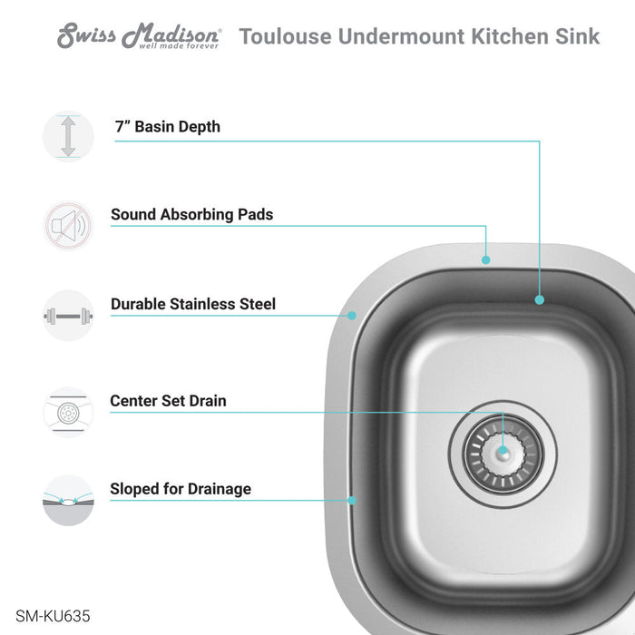 Swiss Madison Toulouse 13 x 15 Stainless Steel Single Basin Undermount Kitchen Sink - SM-KU635