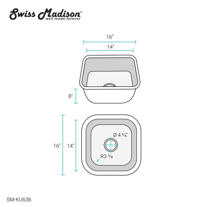 Swiss Madison Toulouse 16 x 16 Stainless Steel, Single Basin, Undermount Kitchen Sink - SM-KU636