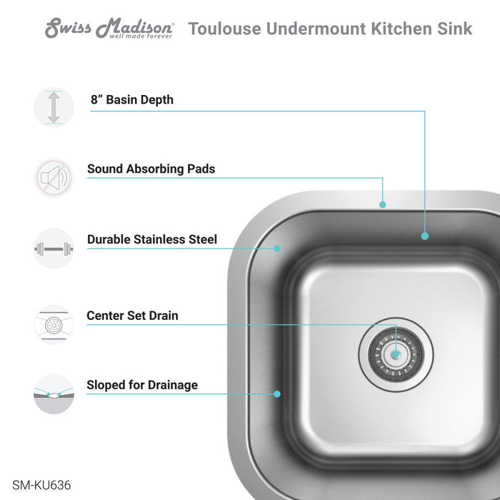 Swiss Madison Toulouse 16 x 16 Stainless Steel, Single Basin, Undermount Kitchen Sink - SM-KU636