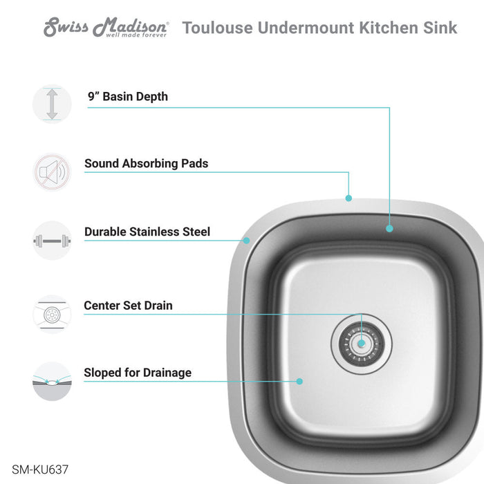 Swiss Madison Toulouse 16 x 18 Stainless Steel Single Basin Undermount Kitchen Sink - SM-KU637