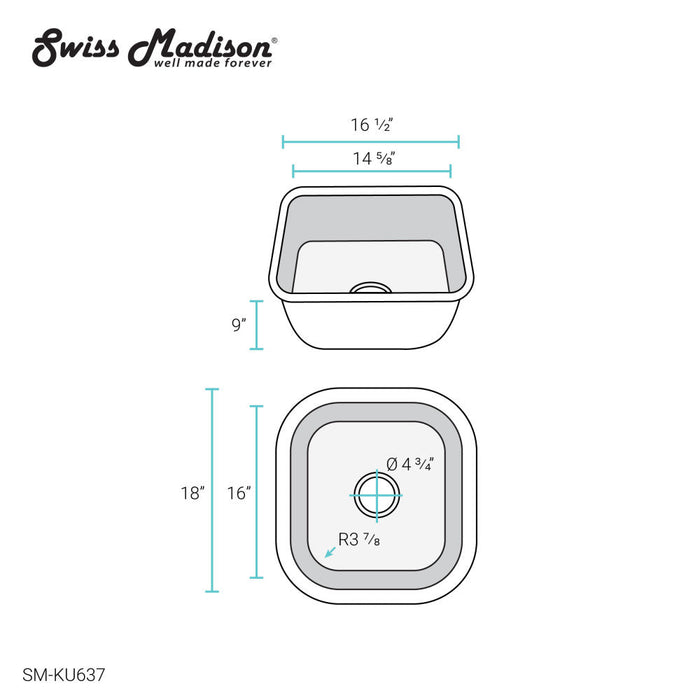 Swiss Madison Toulouse 16 x 18 Stainless Steel Single Basin Undermount Kitchen Sink - SM-KU637