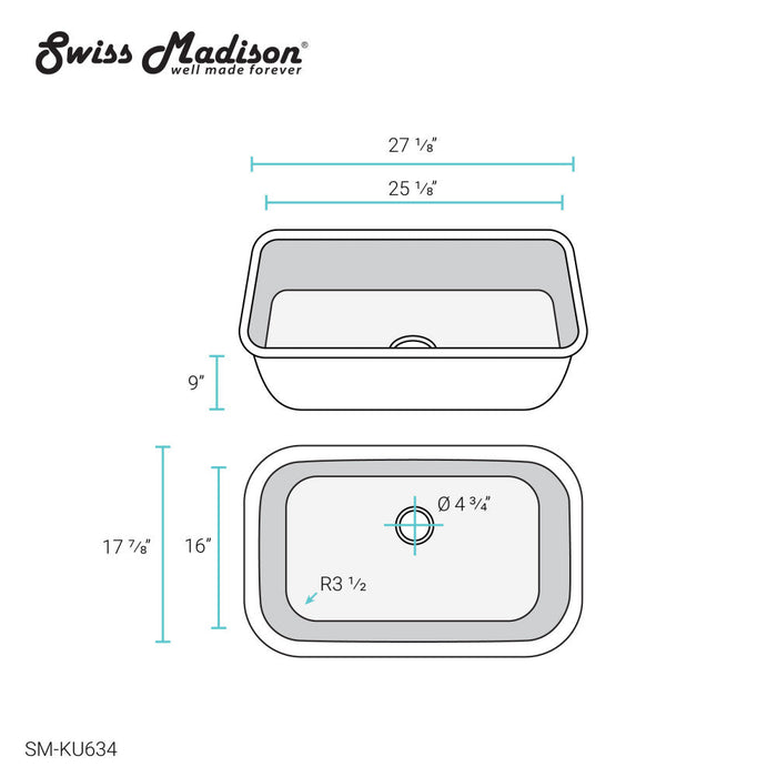 Swiss Madison Toulouse 27 x 18 Stainless Steel, Single Basin, Undermount Kitchen Sink - SM-KU634