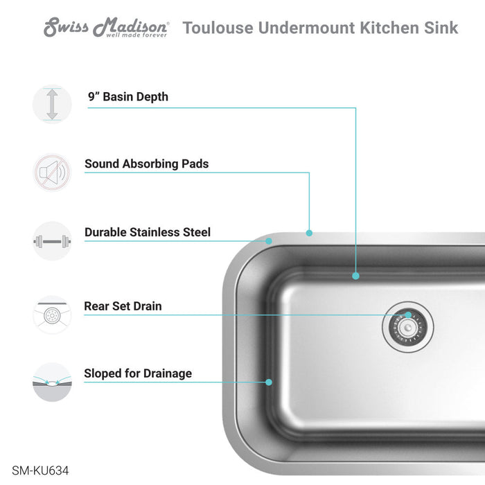 Swiss Madison Toulouse 27 x 18 Stainless Steel, Single Basin, Undermount Kitchen Sink - SM-KU634