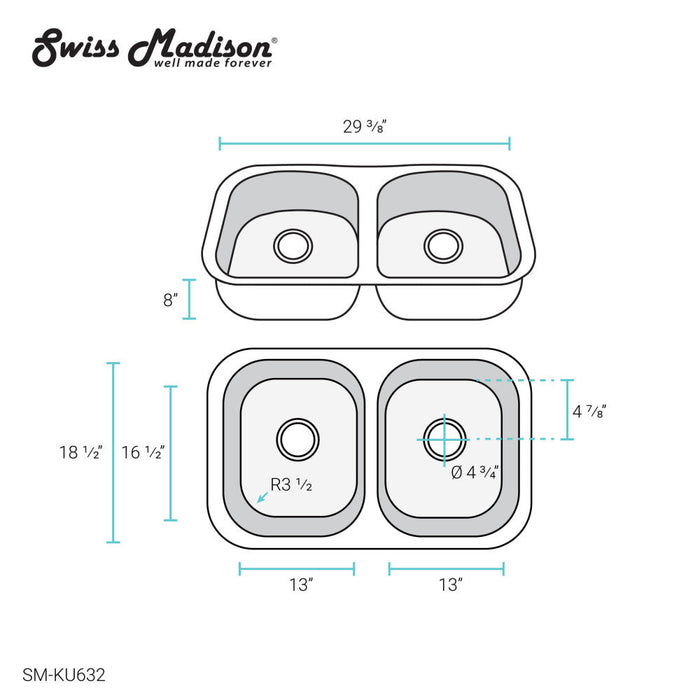 Swiss Madison Toulouse 29 x 18 Stainless Steel, Dual Basin, Undermount Kitchen Sink - SM-KU632