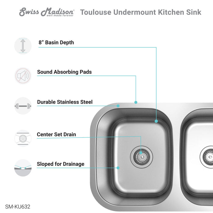 Swiss Madison Toulouse 29 x 18 Stainless Steel, Dual Basin, Undermount Kitchen Sink - SM-KU632