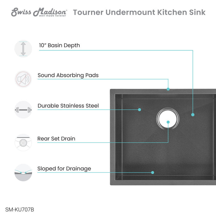 Swiss Madison Tourner 21 x 18 Stainless Steel, Single Basin, Undermount Kitchen Sink,Black - SM-KU707B