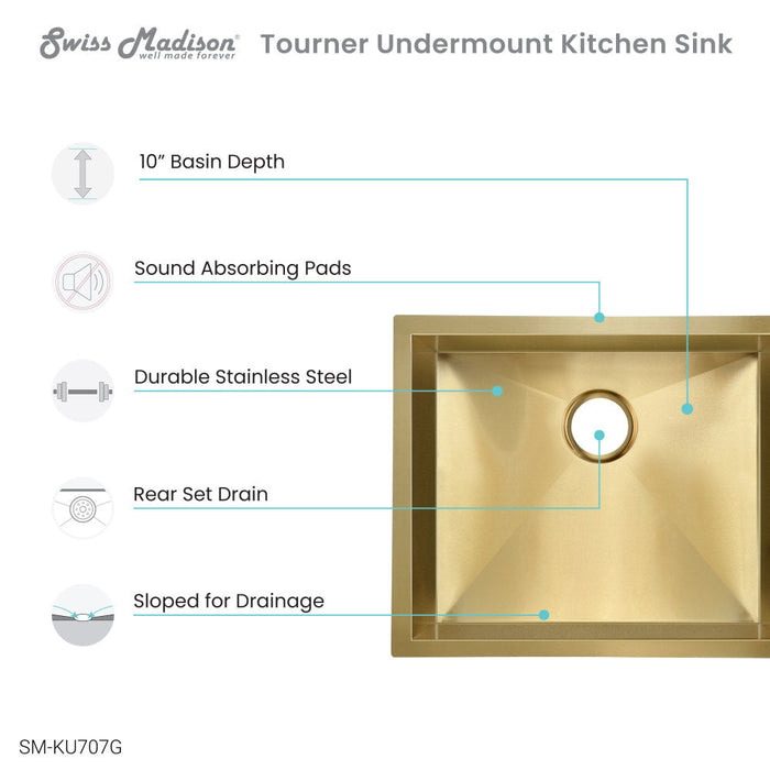 Swiss Madison Tourner 21 x 18 Stainless Steel, Single Basin, Undermount Kitchen Sink, Gold - SM-KU707G