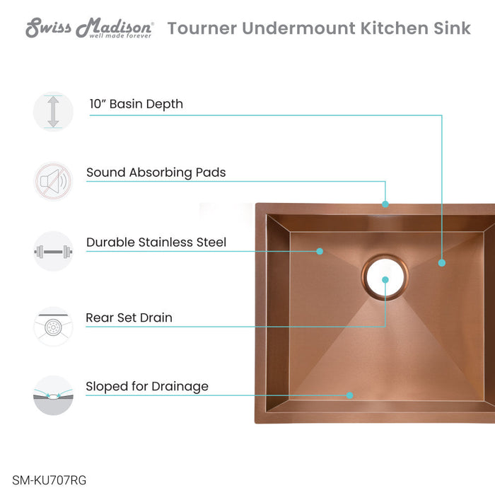 Swiss Madison Tourner 21 x 18 Stainless Steel, Single Basin, Undermount Kitchen Sink, Rose Gold - SM-KU707RG