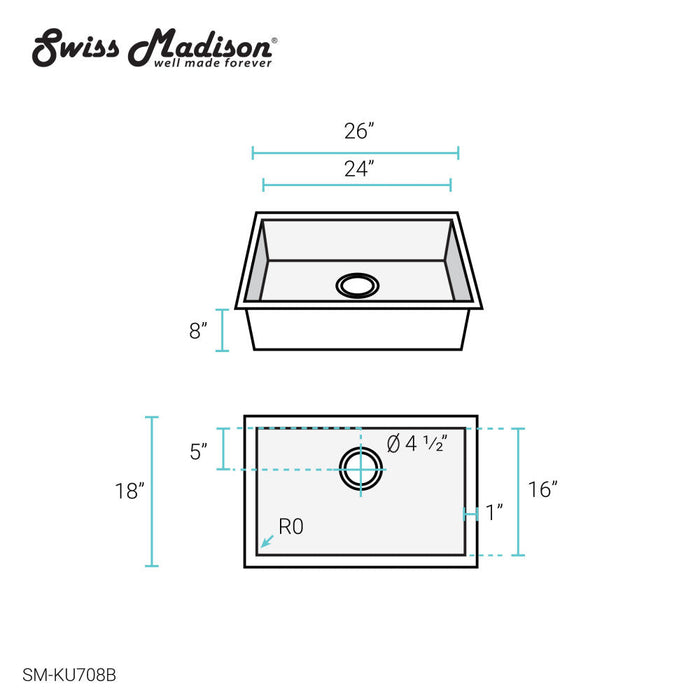 Swiss Madison Tourner 26 x 18 Stainless Steel, Single Basin, Undermount Kitchen Sink, Black - SM-KU708B