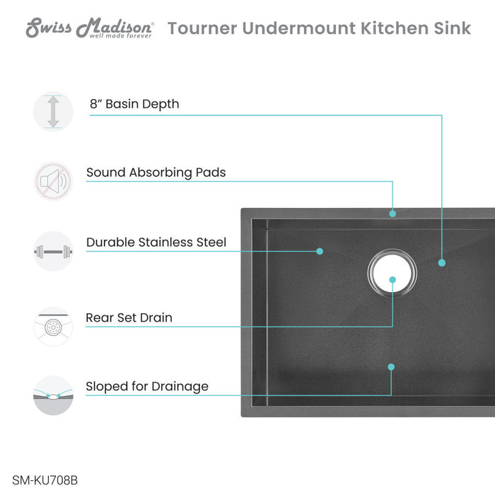 Swiss Madison Tourner 26 x 18 Stainless Steel, Single Basin, Undermount Kitchen Sink, Black - SM-KU708B