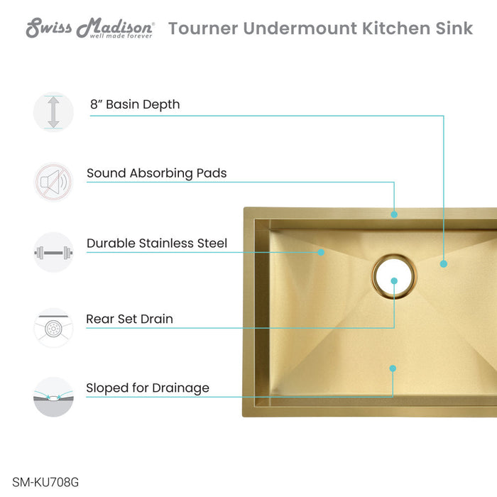 Swiss Madison Tourner 26 x 18 Stainless Steel, Single Basin, Undermount Kitchen Sink, Gold - SM-KU708G