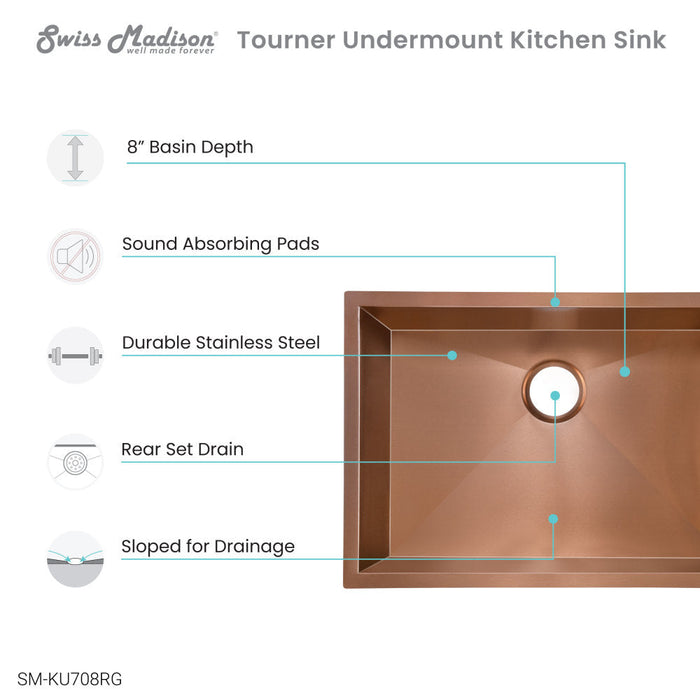 Swiss Madison Tourner 26 x 18 Stainless Steel, Single Basin, Undermount Kitchen Sink, Rose Gold - SM-KU708RG