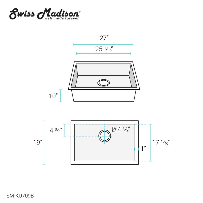 Swiss Madison Tourner 27 x 19 Stainless Steel, Single Basin, Undermount Kitchen Sink in Black - SM-KU709B