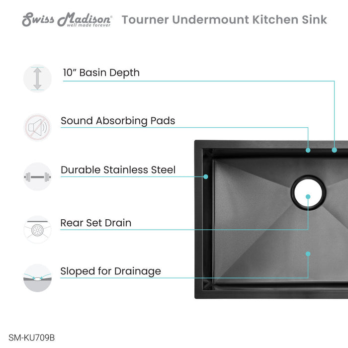 Swiss Madison Tourner 27 x 19 Stainless Steel, Single Basin, Undermount Kitchen Sink in Black - SM-KU709B