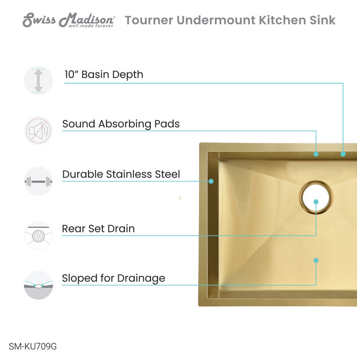 Swiss Madison Tourner 27 x 19 Stainless Steel, Single Basin, Undermount Kitchen Sink in Gold - SM-KU709G