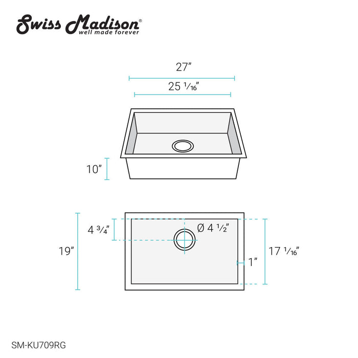 Swiss Madison Tourner 27 x 19 Stainless Steel, Single Basin, Undermount Kitchen Sink in Rose Gold - SM-KU709RG