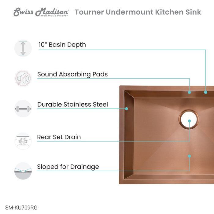 Swiss Madison Tourner 27 x 19 Stainless Steel, Single Basin, Undermount Kitchen Sink in Rose Gold - SM-KU709RG