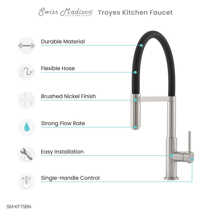 Swiss Madison Troyes Single Handle, Pull-Down Kitchen Faucet in Brushed Nickel - SM-KF75BN