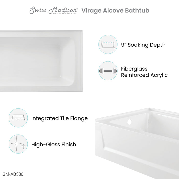 Swiss Madison Virage 60" x 30" Left-Hand Drain Alcove Bathtub with Apron - SM-AB580