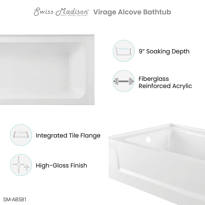 Swiss Madison Virage 60" x 30" Right-Hand Drain Alcove Bathtub with Apron - SM-AB581