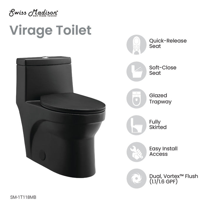 Swiss Madison Virage One-Piece Elongated Toilet Vortex Dual-Flush 1.1/1.6 gpf, Matte Black - SM-1T118MB