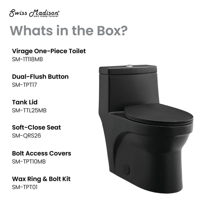 Swiss Madison Virage One-Piece Elongated Toilet Vortex Dual-Flush 1.1/1.6 gpf, Matte Black - SM-1T118MB