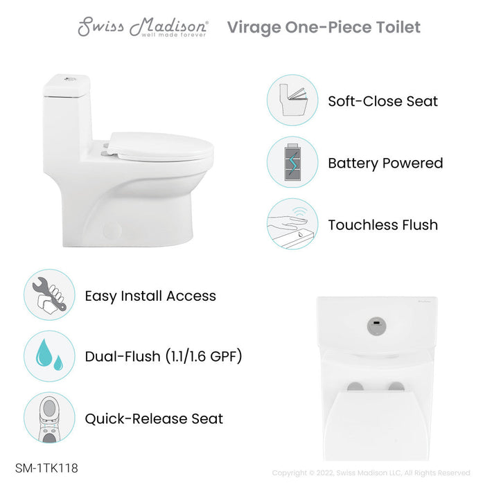 Swiss Madison Virage One Piece Elongated Toilet with Touchless Retrofit Dual Flush 1.1/1.6 gpf - SM-1TK118