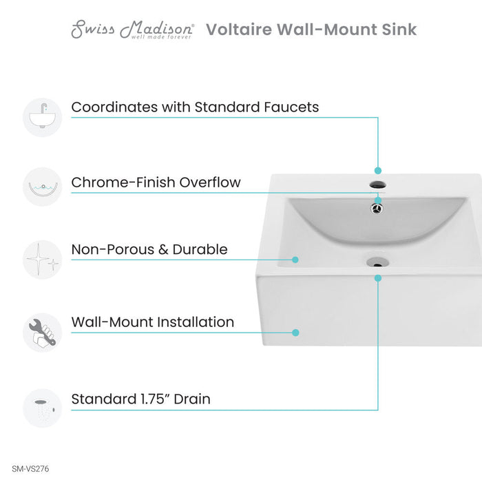 Swiss Madison Voltaire 18 Square Ceramic Wall Mount Sink - SM-VS276