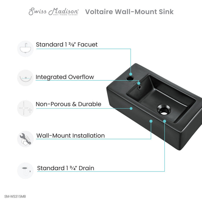 Swiss Madison Voltaire 19.5 x 10 Rectangular Ceramic Wall Hung Sink with Left Side Faucet Mount, Matte Black - SM-WS315MB