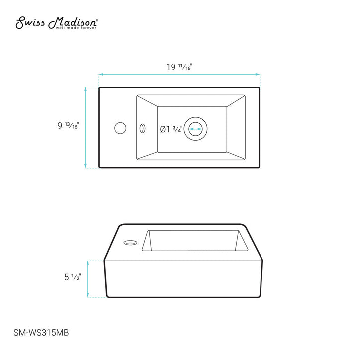 Swiss Madison Voltaire 19.5 x 10 Rectangular Ceramic Wall Hung Sink with Left Side Faucet Mount, Matte Black - SM-WS315MB