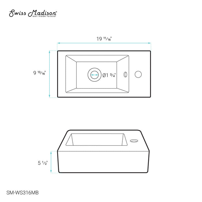 Swiss Madison Voltaire 19.5 x 10 Rectangular Ceramic Wall Hung Sink with Right Side Faucet Mount, Matte Black - SM-WS316MB