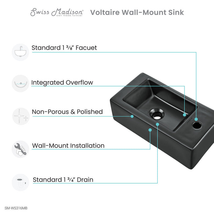 Swiss Madison Voltaire 19.5 x 10 Rectangular Ceramic Wall Hung Sink with Right Side Faucet Mount, Matte Black - SM-WS316MB